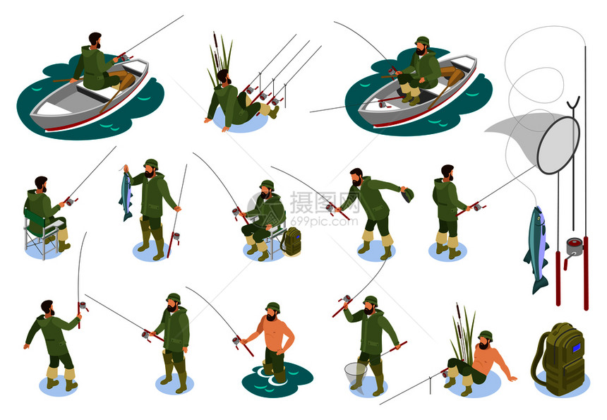 渔民捕鱼过程中,杆上的等距图标与解决矢量插图渔民等距图标图片