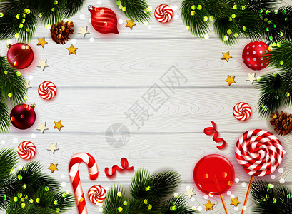 现实的木桌背景框架冷杉树枝糖果诞装饰矢量插图现实的诞节背景背景图片