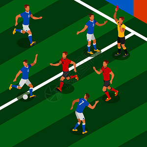 足球比赛等距成与球员的形式,竞争球队裁判红牌矢量插图足球等距成图片