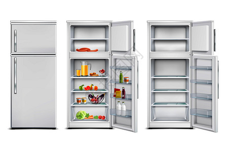 厨房移门冰箱现实的套冷藏单元与产品打开的门矢量插图冰箱单元现实收集插画
