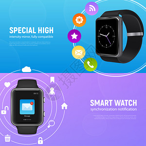 两个水平现实的智能手表横幅了特殊的高智能手表描述矢量插图现实的智能手表横幅背景图片