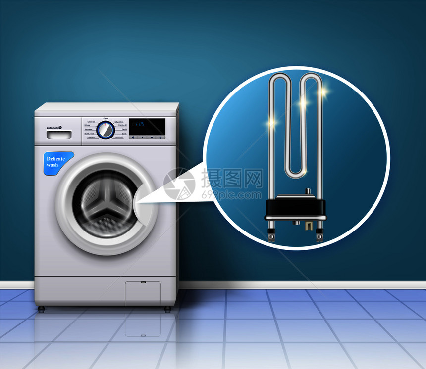 洗衣机刻度保护成与现实洗衣洗衣机蛇形管加热器与室内环境矢量插图图片