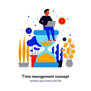时间管理,效的进度控制,平构图,活动计划,人坐沙漏矢量插图图片