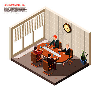 会议系统会议室开会时,等距构图矢量插图插画