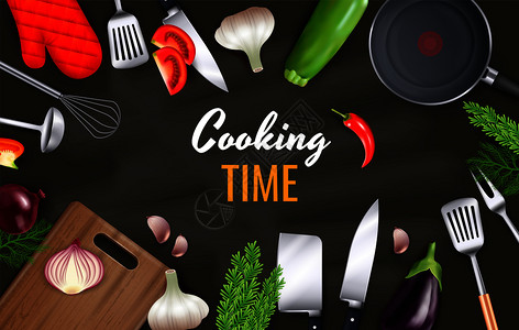 餐厨用具烹饪时间背景与厨具炊具象现实矢量插图插画