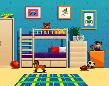 整洁的儿童房间内部与双层床图片墙上水族馆与鱼玩具矢量插图图片