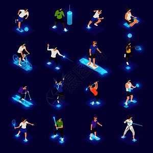 拳击游戏各种运动活动中,VR眼镜中的人类人物蓝色背景孤立矢量插图上的等距图标插画