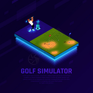 人VR耳机训练高尔夫模拟器等距成紫色背景矢量插图图片