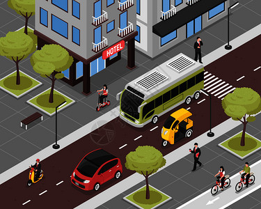 中新生态城生态城市背景与城市交通人等距矢量图插画