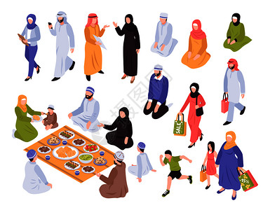 阿拉伯家庭集与传统的食物购物符号等距孤立向量图片