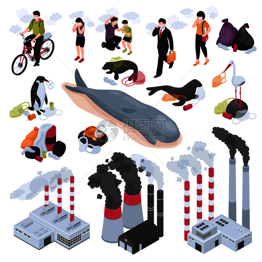 污染等距与水空气污染符号隔离矢量插图图片