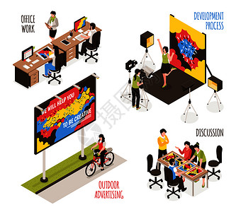广告代理集与开发过程符号等距孤立矢量插图图片
