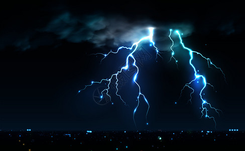 城市雷电逼真的闪电闪烁构图与夜空与云雷电图像矢量插图插画