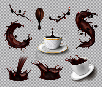 咖啡飞溅真实的套液体喷雾咖啡豆陶瓷杯透明的背景矢量插图插画