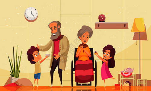 坐的人帮助老人回家的平卡通构图与孙子服务咖啡蛋糕的老祖父母矢量插图插画