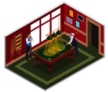 台球等距构成与室内台球室的家具人物矢量插图背景图片