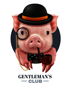 管帽温德曼俱乐部矢量插图与现实的猪鲍勒帽,吸烟管蝴蝶结领带温德曼俱乐部写实海报插画
