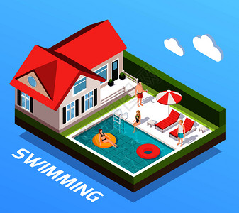 游泳池等距与人们休息的游泳池矢量插图游泳池等距图片