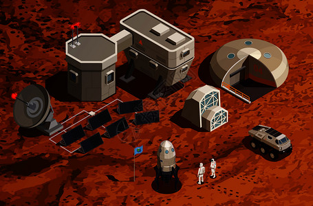 火星殖民等距背景与科学研究通信设备,太空船宇航员矢量插图背景图片