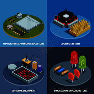 半导体2x2集晶体管微处理器极管冷却系统成等距矢量图图片