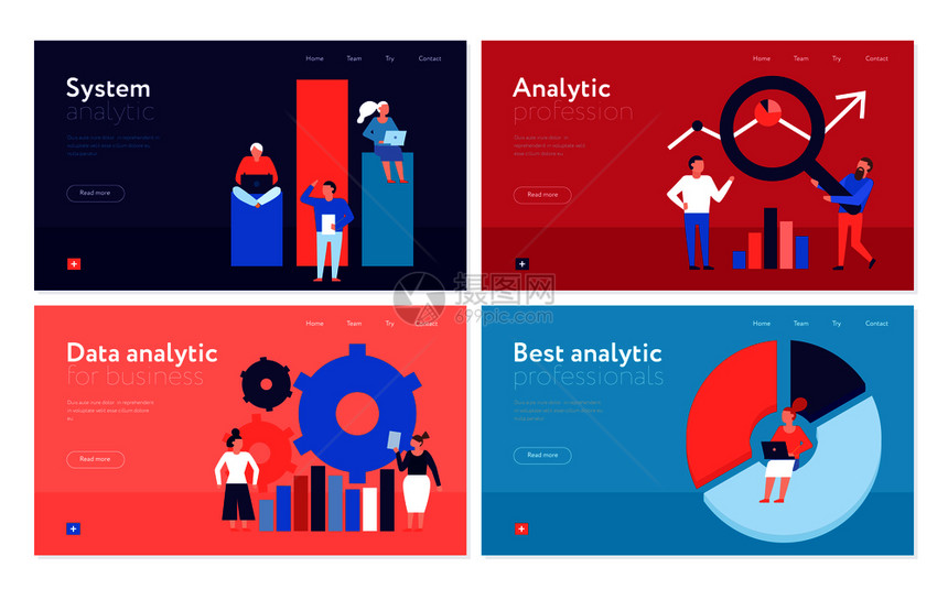 数据分析4平彩色横幅网页与业务分析系统孤立矢量插图图片