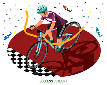 成功等距构图与人的格自行车骑手跨越终点线与可编辑的文本矢量插图胜利者骑手成功背景图片