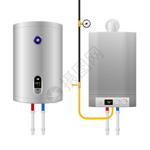 彩色真实热水器锅炉成与两个孤立同的设备管道矢量插图背景图片