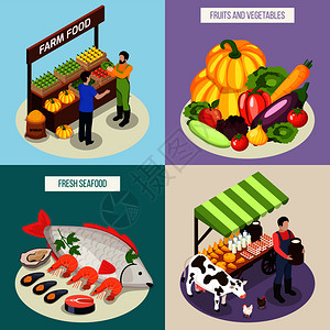 农贸市场2x2理念集新鲜海鲜奶制品水果蔬菜等距矢量插图图片