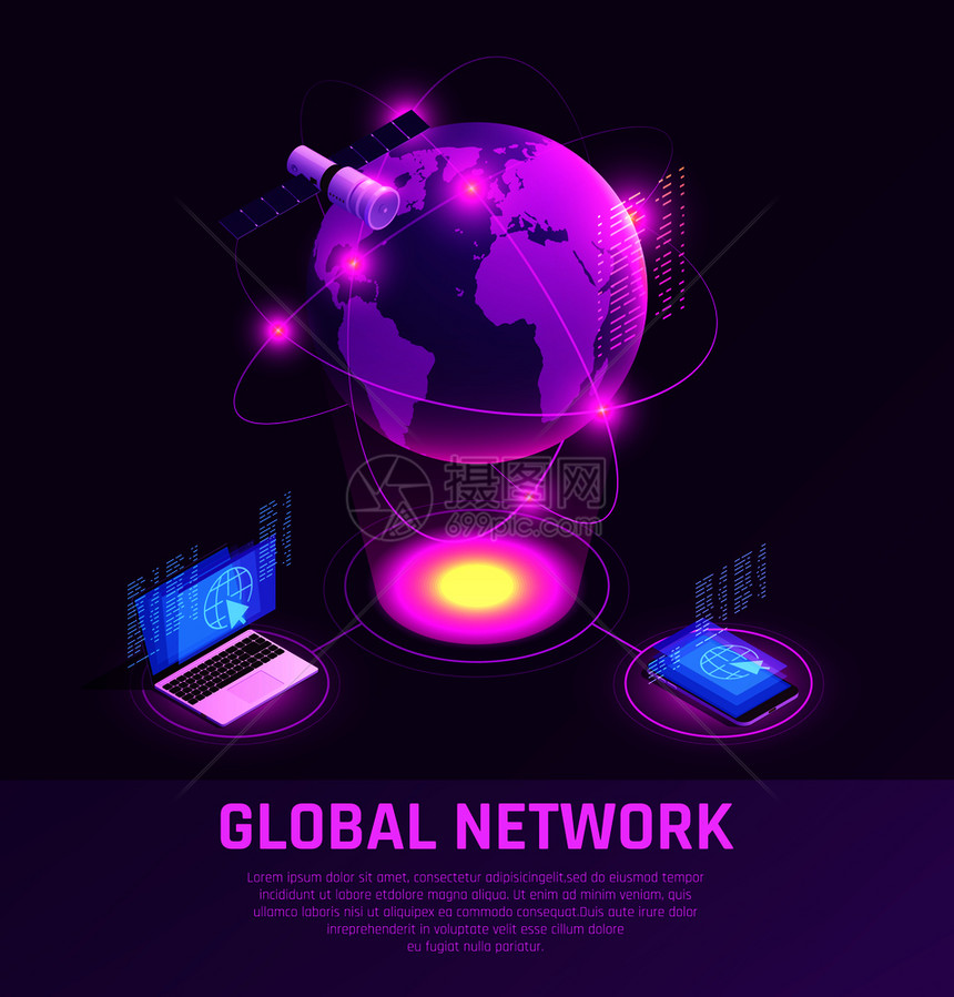 全球网络等距发光成与移动设备卫星互联网上的紫色背景矢量插图图片