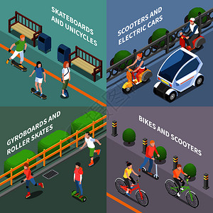 生态运输图标自行车滑板车等距孤立矢量插图图片