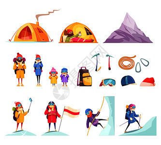 登山漫画与登山者装备服装帐篷头盔冰轴绳山矢量插图图片