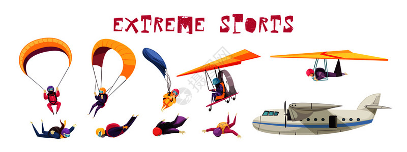 跳伞极限运动元素平图标收集与降落伞跳跃自由落体飞机滑翔机孤立矢量插图图片