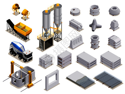 未加固混凝土生产的等距图标与制造设备运输成品石材细节隔离矢量插图插画