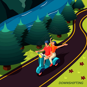 向下移动逃离繁忙的压力生活等距乡村景观背景海报与幸福夫妇摩托车矢量插图背景图片