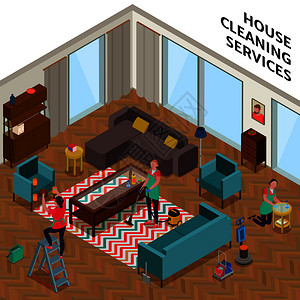 家庭清洁服务成与女工整理公寓等距矢量插图图片