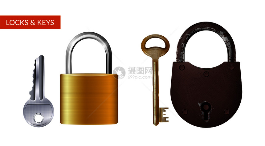 两个现实的挂锁与钥匙的安全安全保护隔离矢量插图图片