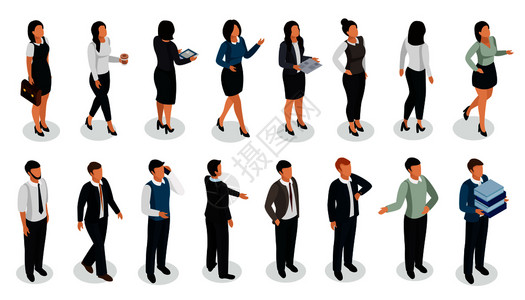办公室人员商务服装的各种姿势与配件等距孤立矢量插图图片