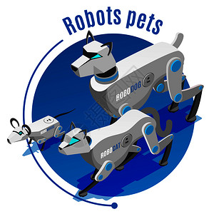 机器人宠物等距背景圆形构图与自动猫狗同伴鼠标电子玩具设备矢量插图图片
