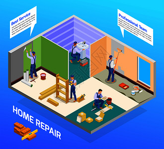 家装工匠等距构图与房屋重塑专业队地板涂装卫生安装服务矢量插图背景图片