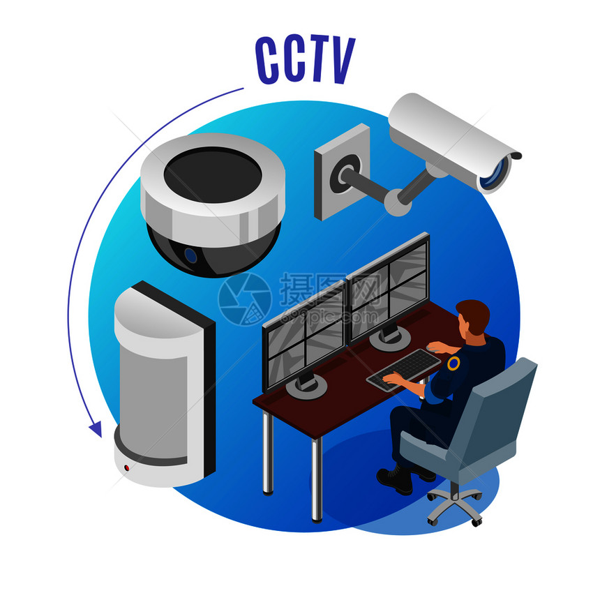 安全系统闭路电视摄像机运动传感器观察监测装置操作员等距成蓝色圆形背景矢量插图图片