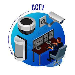 安全系统闭路电视摄像机运动传感器观察监测装置操作员等距成蓝色圆形背景矢量插图插画