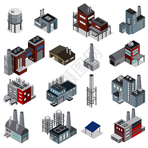 工业建筑等距的元素为工厂发电厂建设者矢量插图背景图片