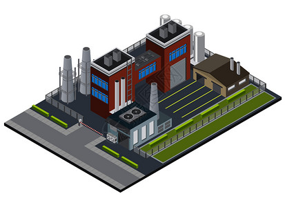 工业装饰工厂基础设施等距背景与入口工业建筑烟囱车库围栏地区三维矢量插图插画
