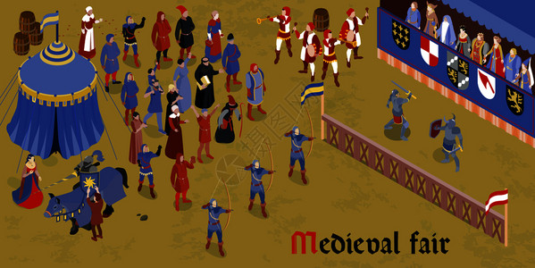 等距中世纪水平构图与中世纪标题群体的人平方矢量插图图片
