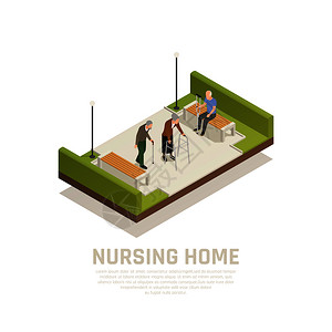 残疾长者疗养院户外活动等距构图,用拐杖步行者矢量插图图片