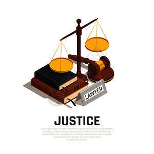 法律等距构图与槌法典书经尺度的正义符号矢量插图高清图片