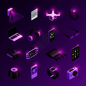 紫色小创新的电子技术小工具等距图标虚拟现实耳机智能手表紫色背景矢量插图插画
