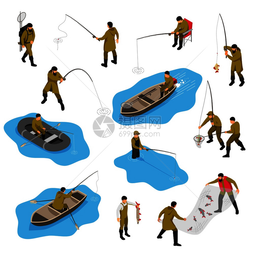 等距渔民与人的特征,同的情况下,船解决矢量插图图片