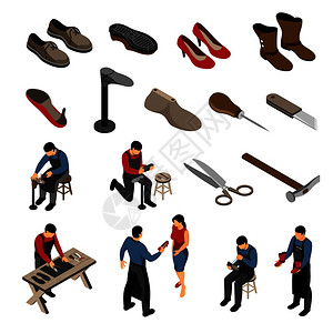 手工鞋等距鞋匠了各种型号的鞋,为男女与人类字符矢量插图插画