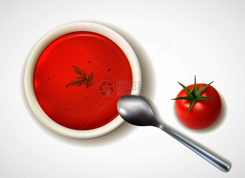 现实的番茄汤成与桌的盘子勺子与成熟番茄水果矢量插图图片